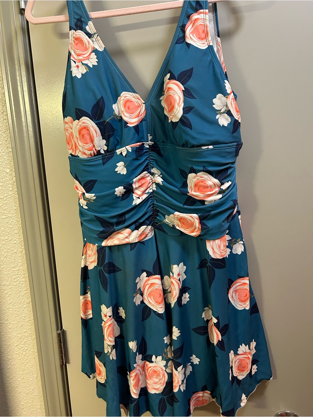 Womens Floral One-Piece Swim Dress in Teal with Peach Roses